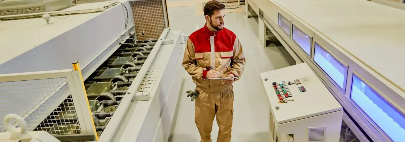 Pracownik nadzorujący zautomatyzowane maszyny w fabryce mebli