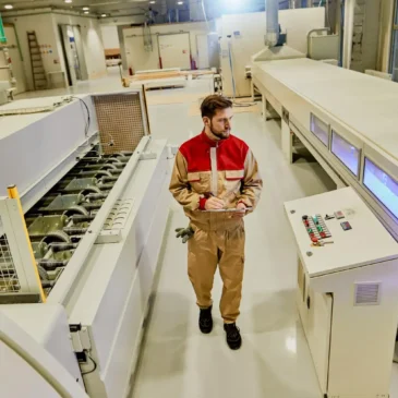 Pracownik nadzorujący zautomatyzowane maszyny w fabryce mebli