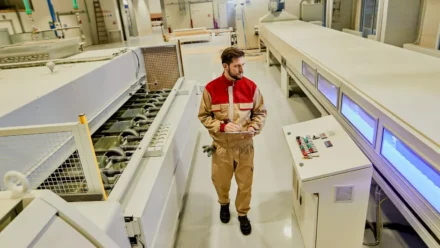 Pracownik nadzorujący zautomatyzowane maszyny w fabryce mebli